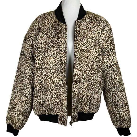 80s 1010 Leopard Print Silk Puffer Bomber Jacket Size Large Quilted 90s Vintage - Picture 5 of 15
